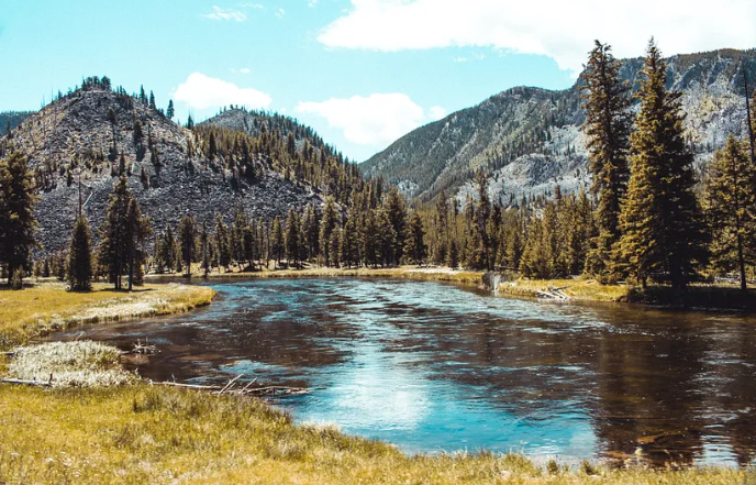 a river surrounded by trees and mountains